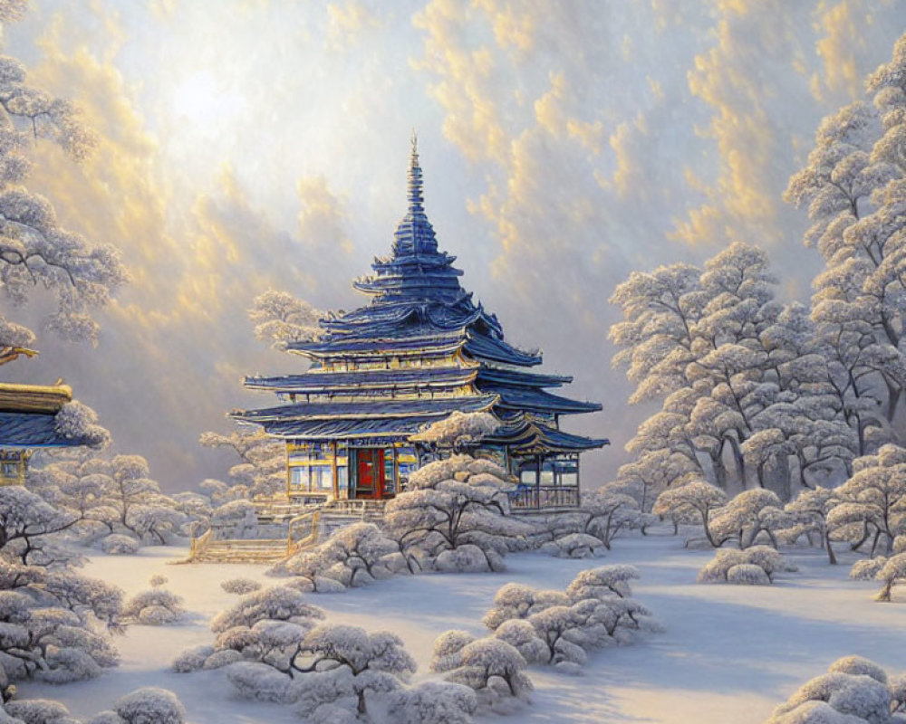 Snow-covered trees around traditional multi-tiered pagoda under bright sky