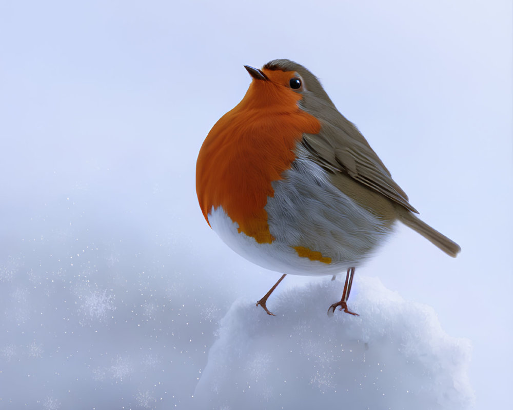 Plump robin with bright orange breast on snowy background