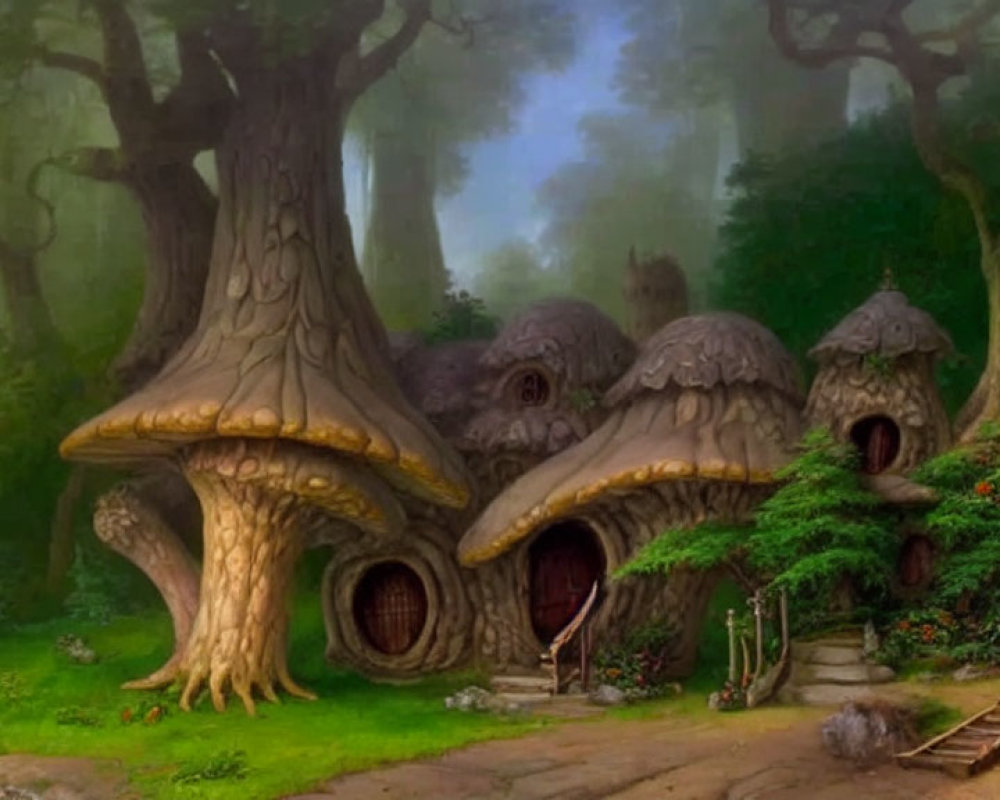 Enchanted forest scene with mushroom houses and intricate wooden doors