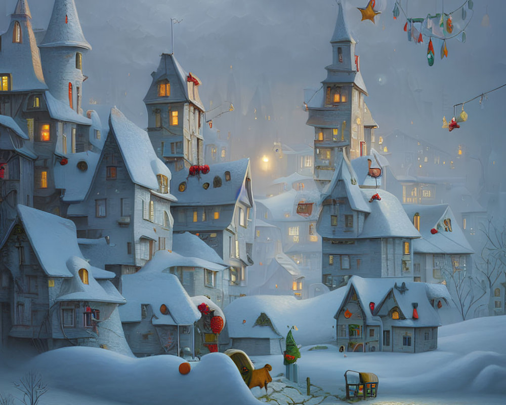 Snow-covered winter village scene with glowing lights and festive decorations