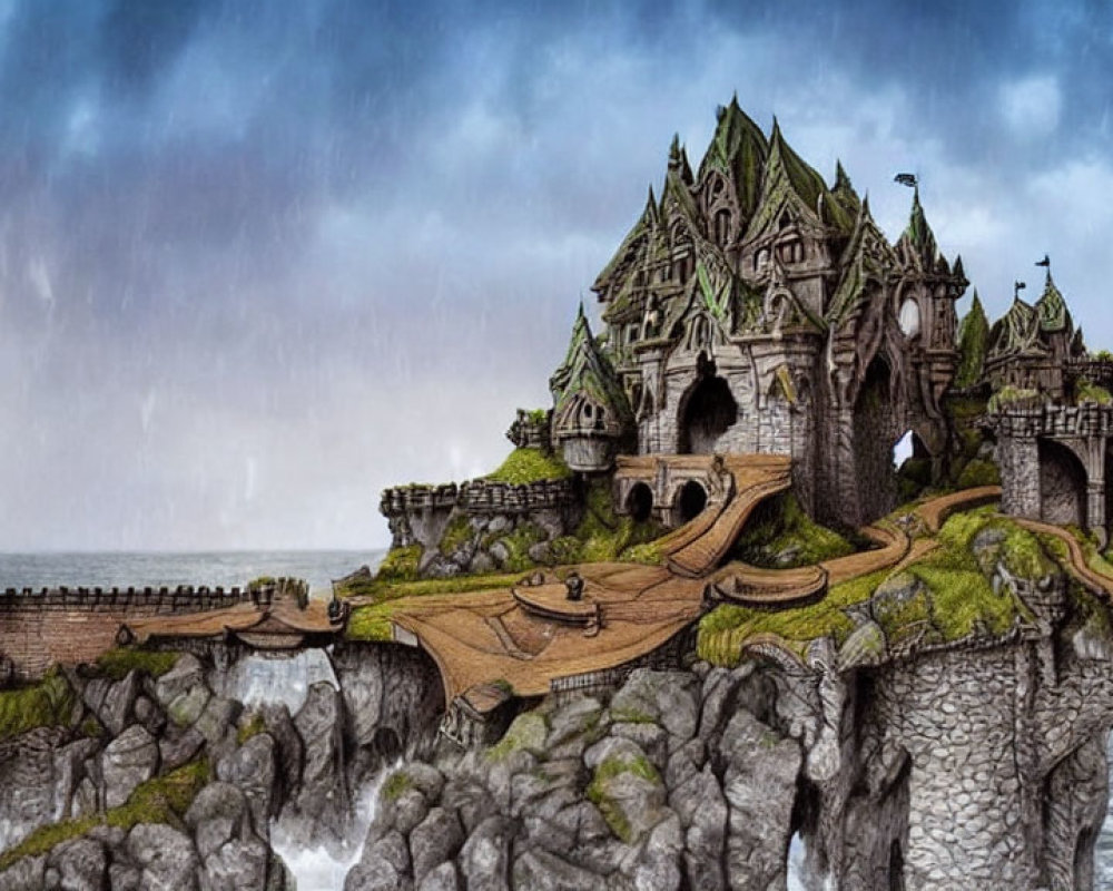 Fantasy castle with spires on cliff bridge, stormy sea & sky