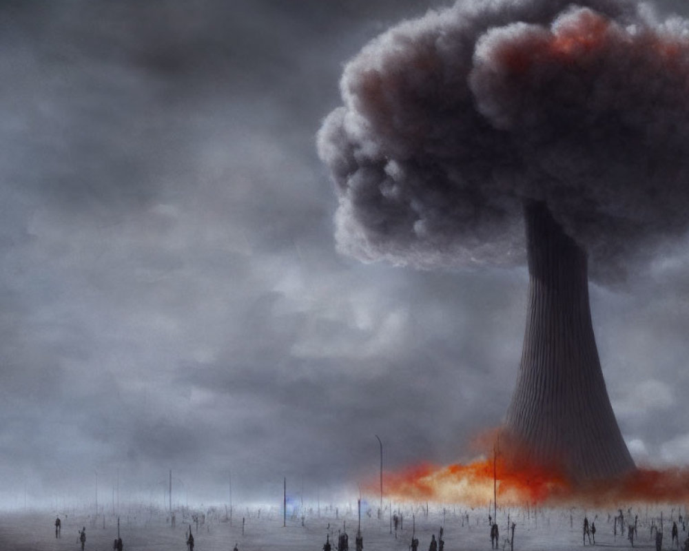 Ominous mushroom cloud over desolate landscape