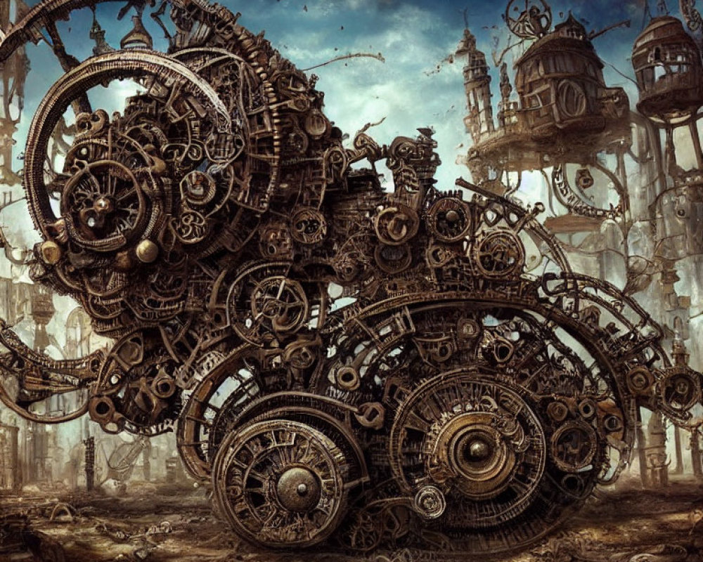 Intricate Steampunk Mechanical Contraption Amid Industrial Structures