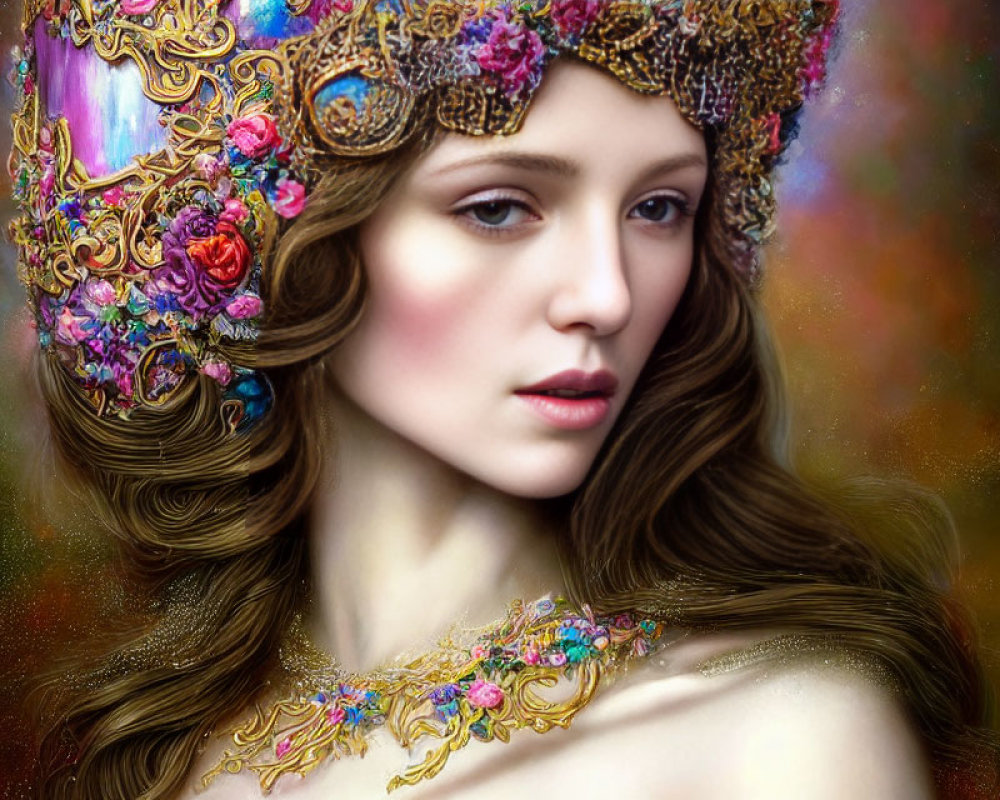 Detailed Ornate Headgear with Flowers and Gold on Woman with Flowing Brown Hair