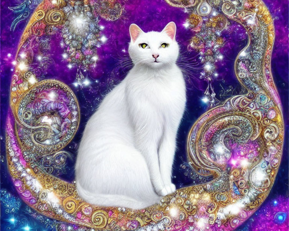 White Cat in Celestial Background with Swirling Patterns and Stars