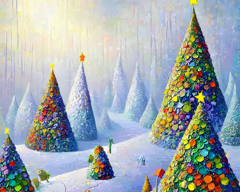 Colorful Christmas Trees Painting in Snowy Scene