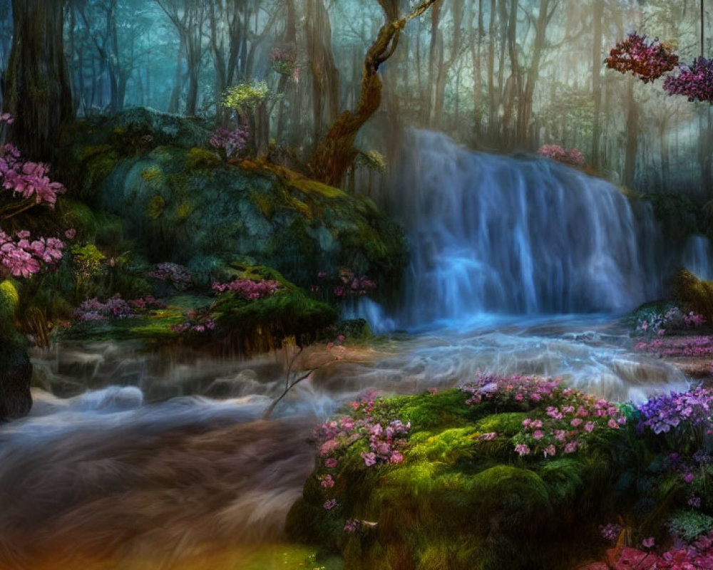 Fantasy forest scene with pink flowers, waterfall, and mystical fog