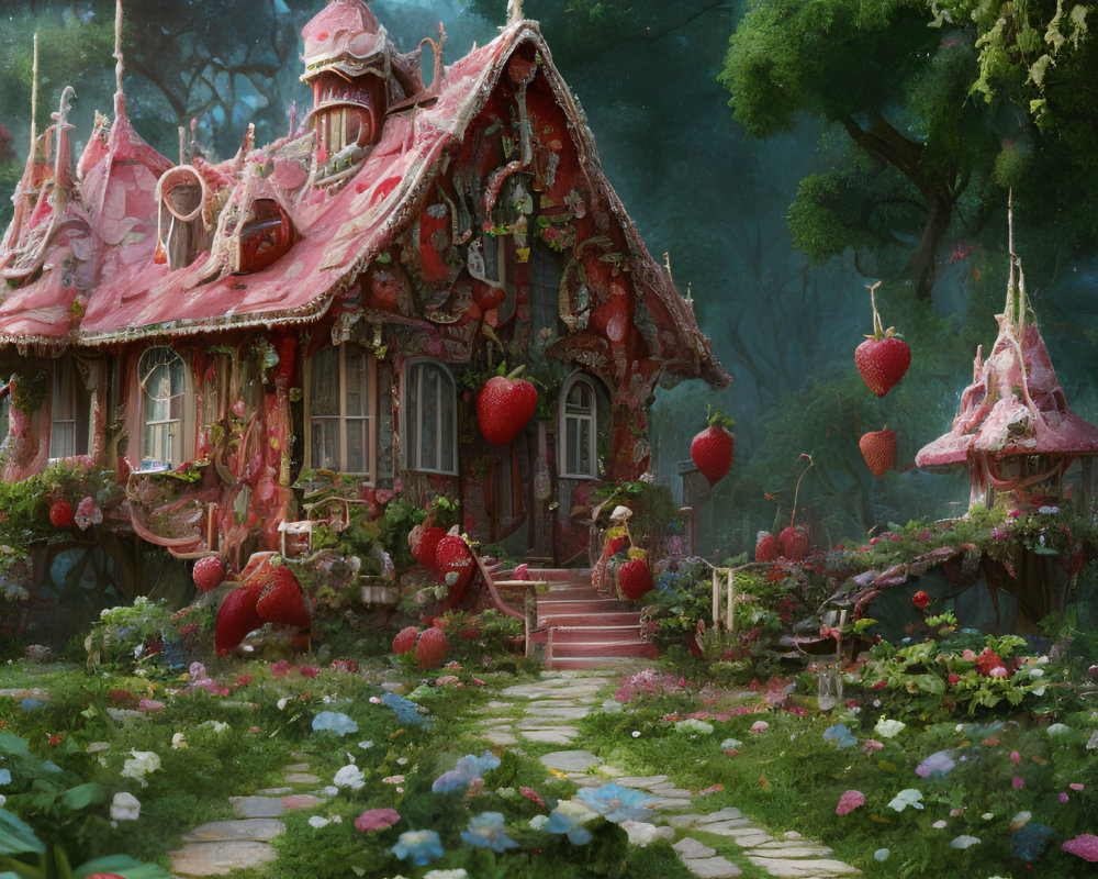 Enchanted forest cottage with strawberry motifs and lush surroundings