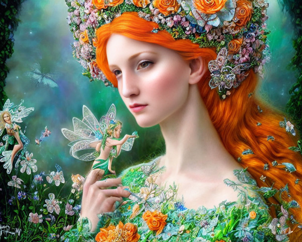 Fantastical image of woman with red hair in floral crown and fairies in enchanted forest