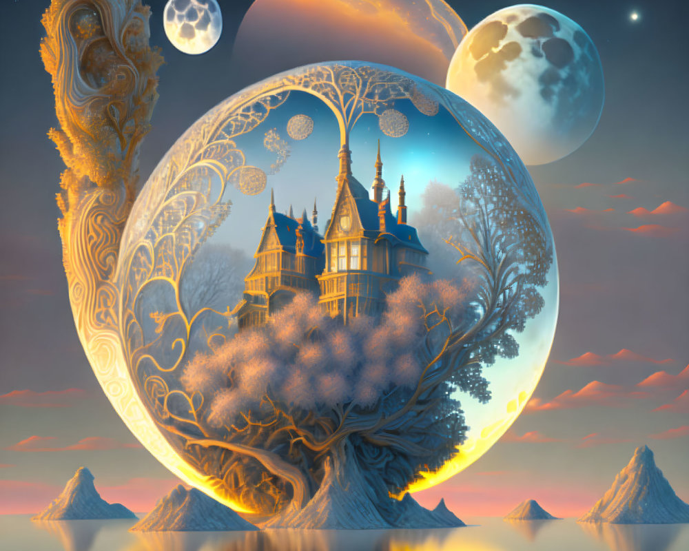 Fantasy castle in circular frame with moons, tree, and ornate patterns against twilight sky.