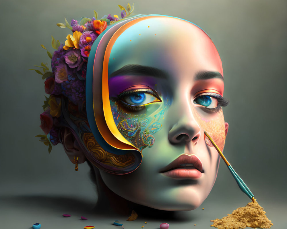 Colorful surreal portrait of a woman with painted face and flowers.