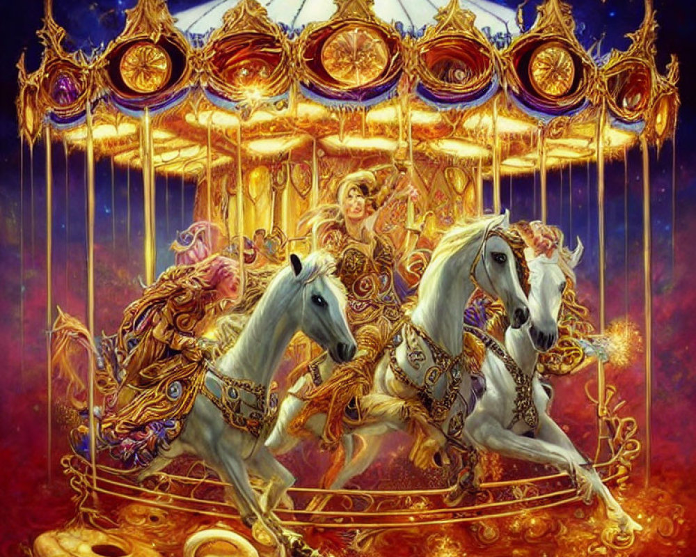 Golden carousel with ornate details and white horses under starry night sky