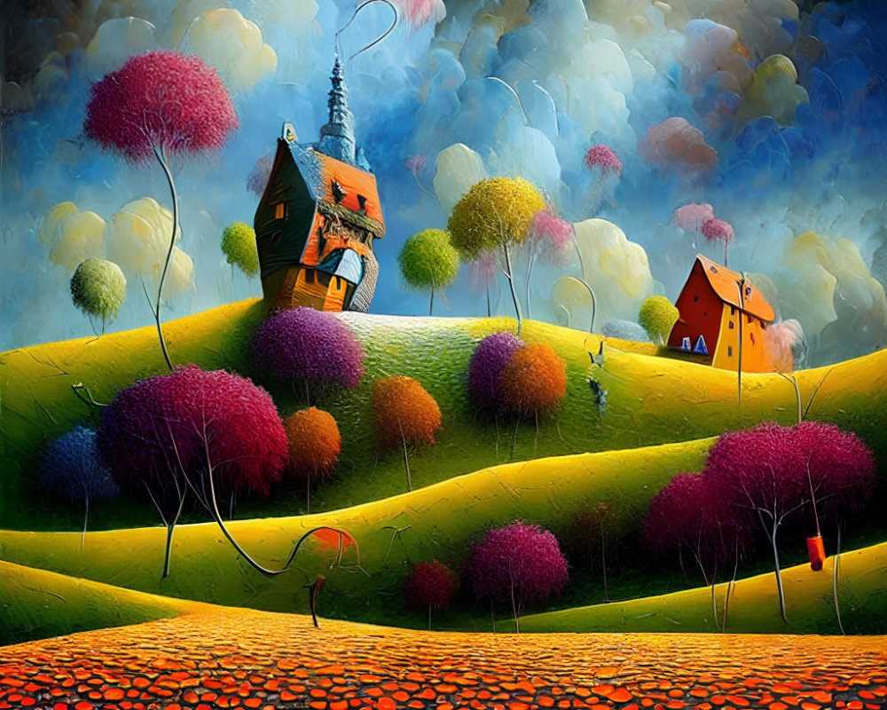 Colorful, whimsical landscape with rolling hills and quirky house