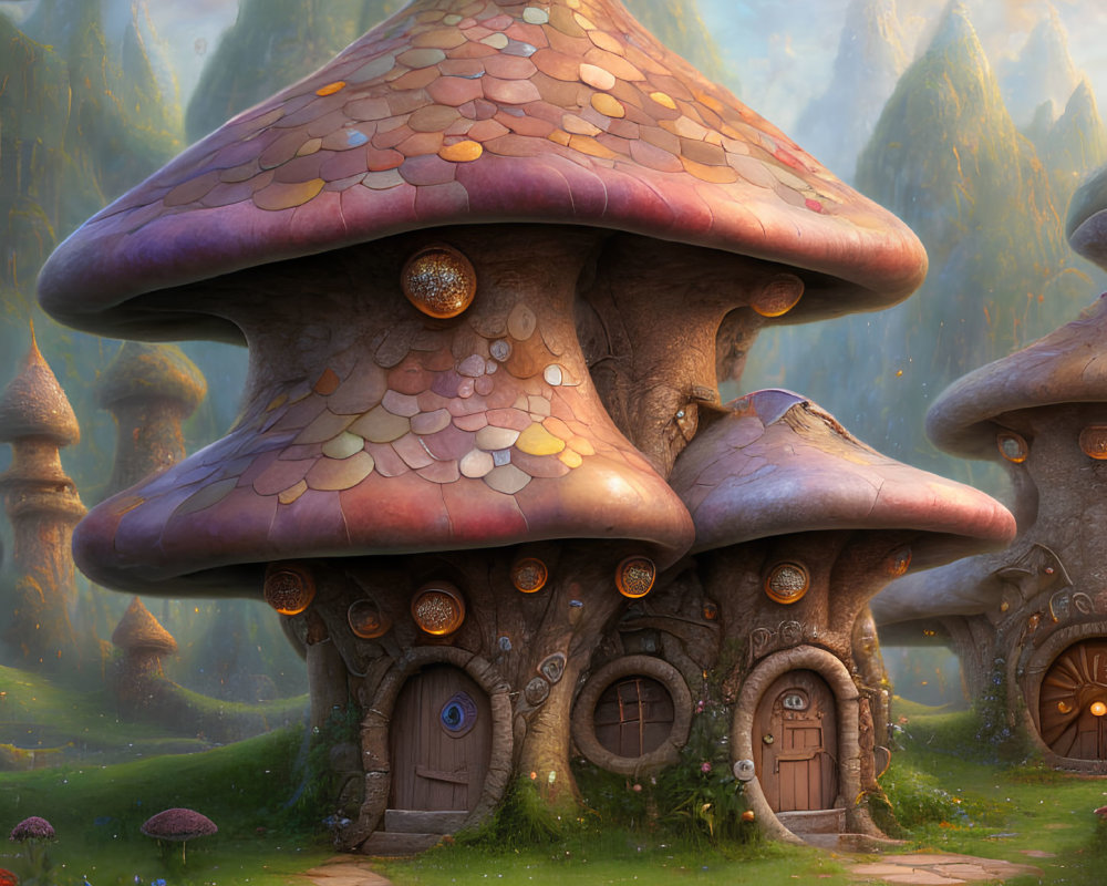 Fantasy Mushroom Houses in Magical Forest Glade