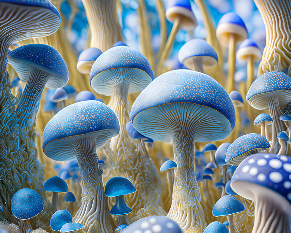 Fantastical forest of blue and white mushrooms in digital art