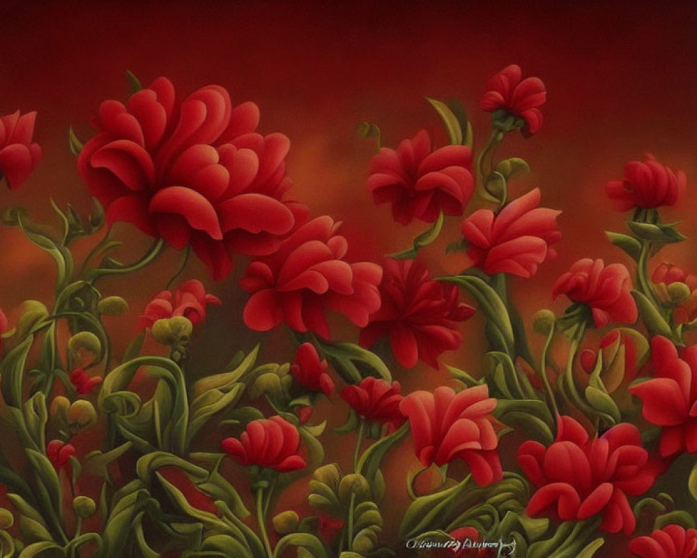 Realistic red flower painting on moody background