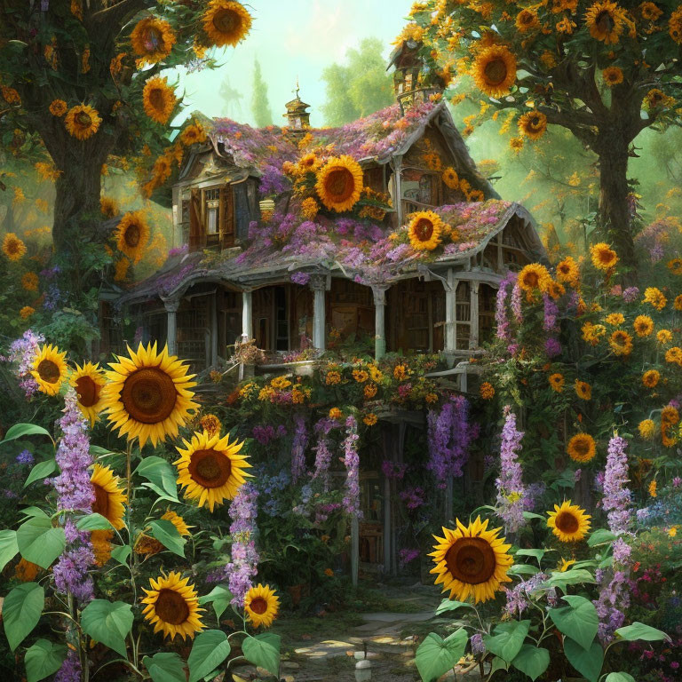 Enchanting cottage surrounded by greenery and sunflowers in a magical forest.