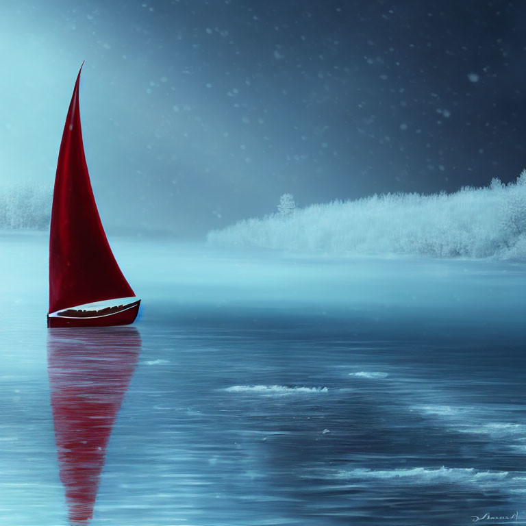 Red sail sailboat on icy blue lake in snowy winter forest scene