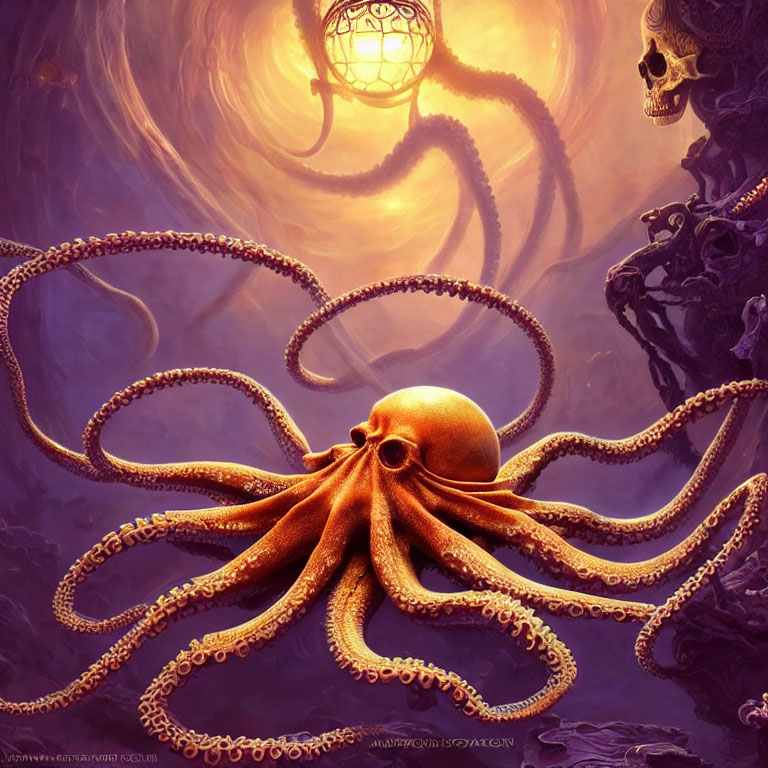 Surreal octopus with extended tentacles in purple-hued environment