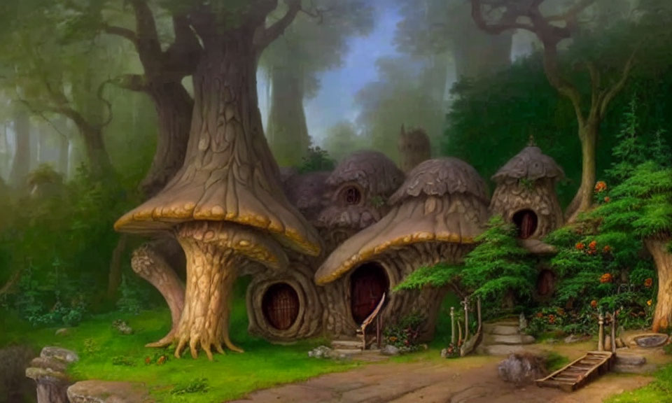 Enchanted forest scene with mushroom houses and intricate wooden doors