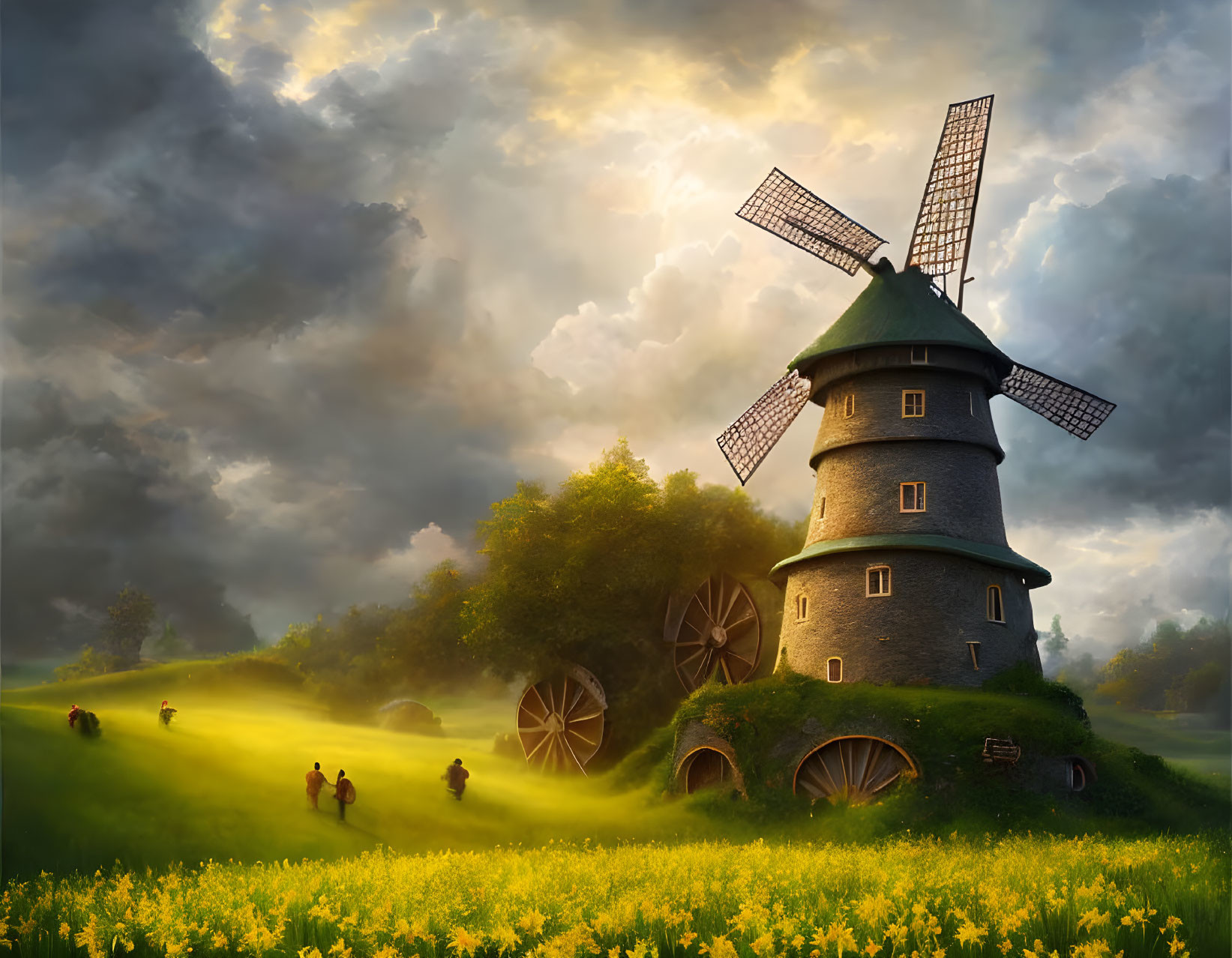 Scenic view of windmill on hill with sun rays, people in field with yellow flowers and old