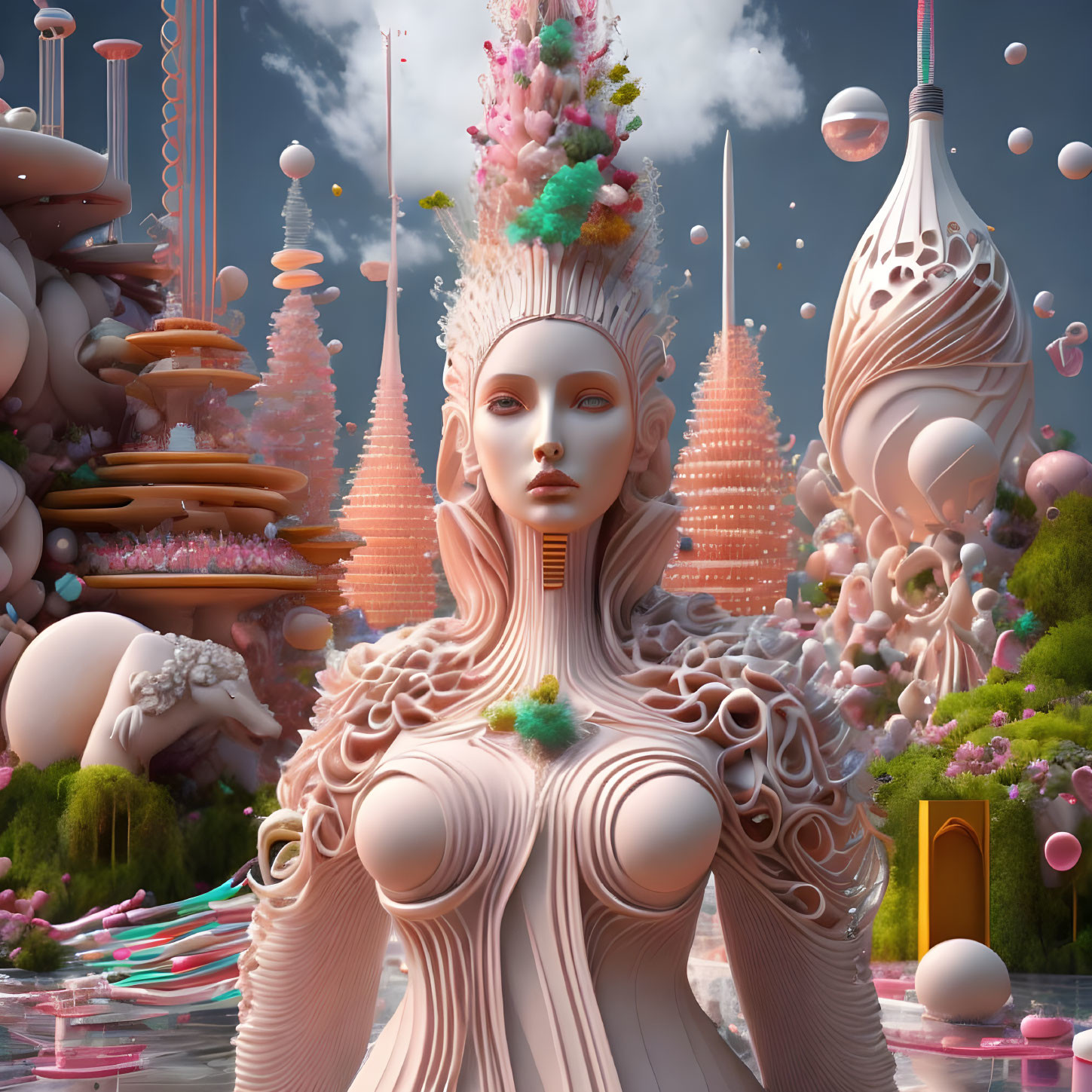 Surrealistic portrait: Female figure in pink landscape with whimsical architecture.