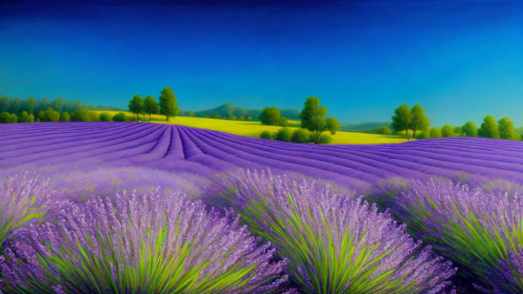 Lavender Field Painting with Purple Flowers and Green Trees