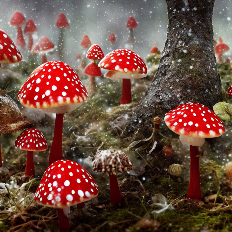 Cluster of red and white spotted mushrooms in snowy forest scene