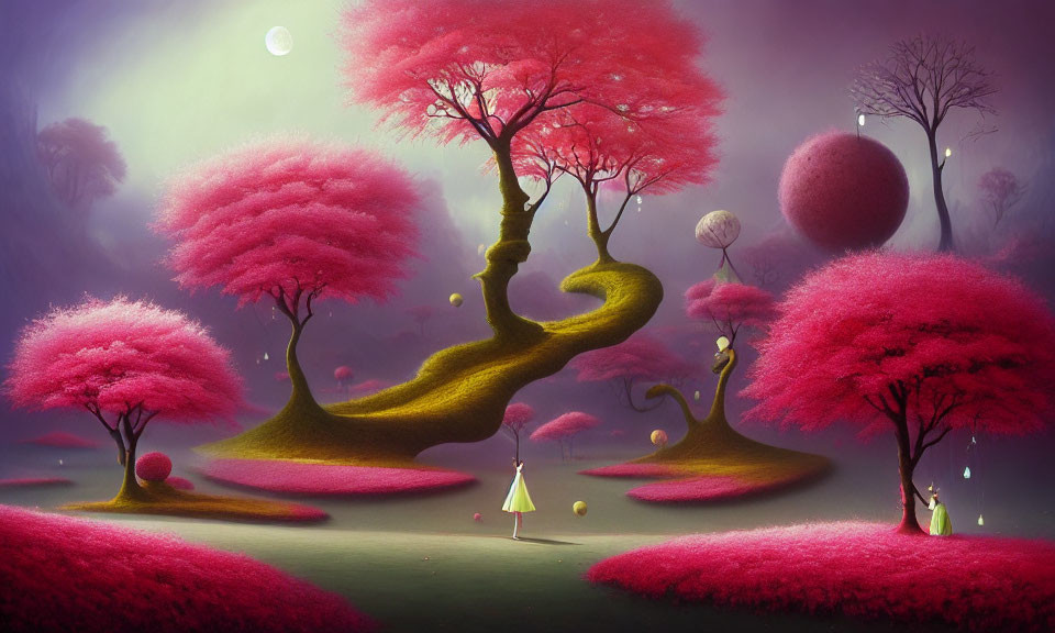 Whimsical landscape with pink foliage trees and ethereal beings under a glowing moon