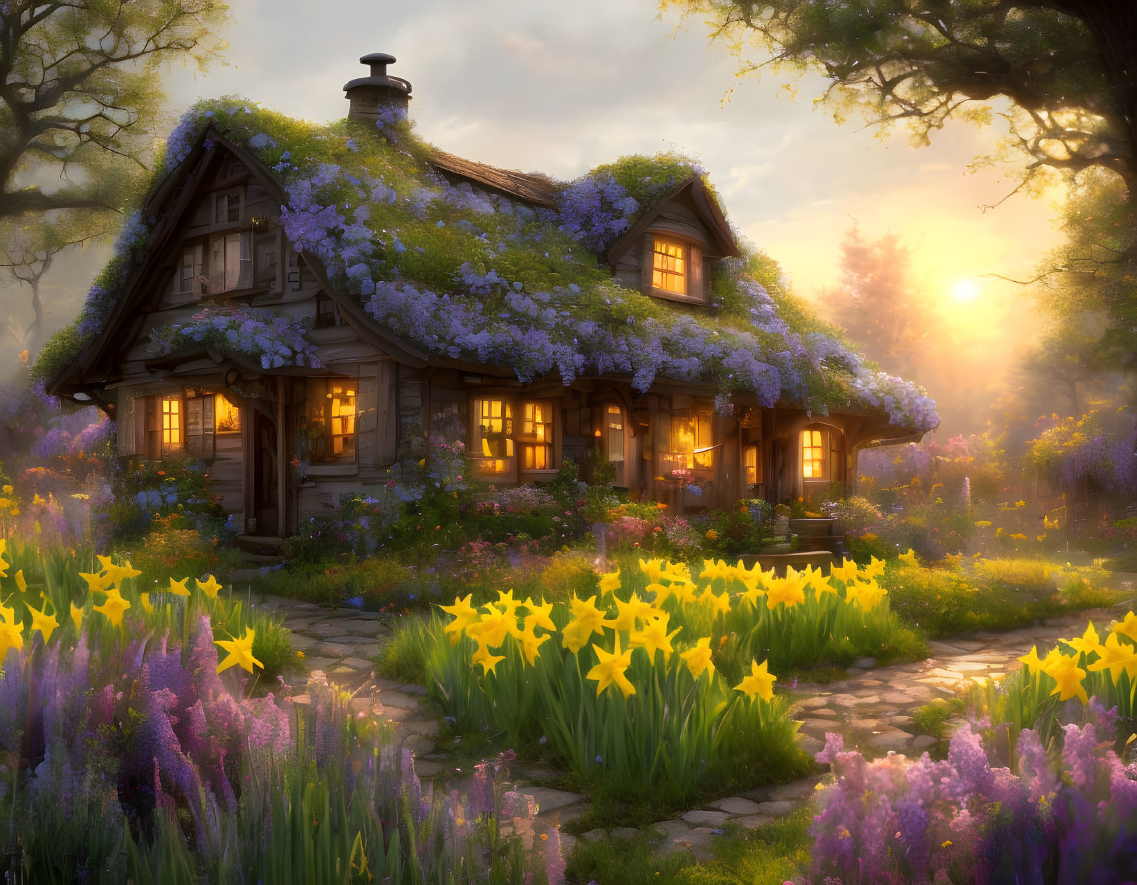 Purple Flowered Cottage in Sunrise Garden Landscape