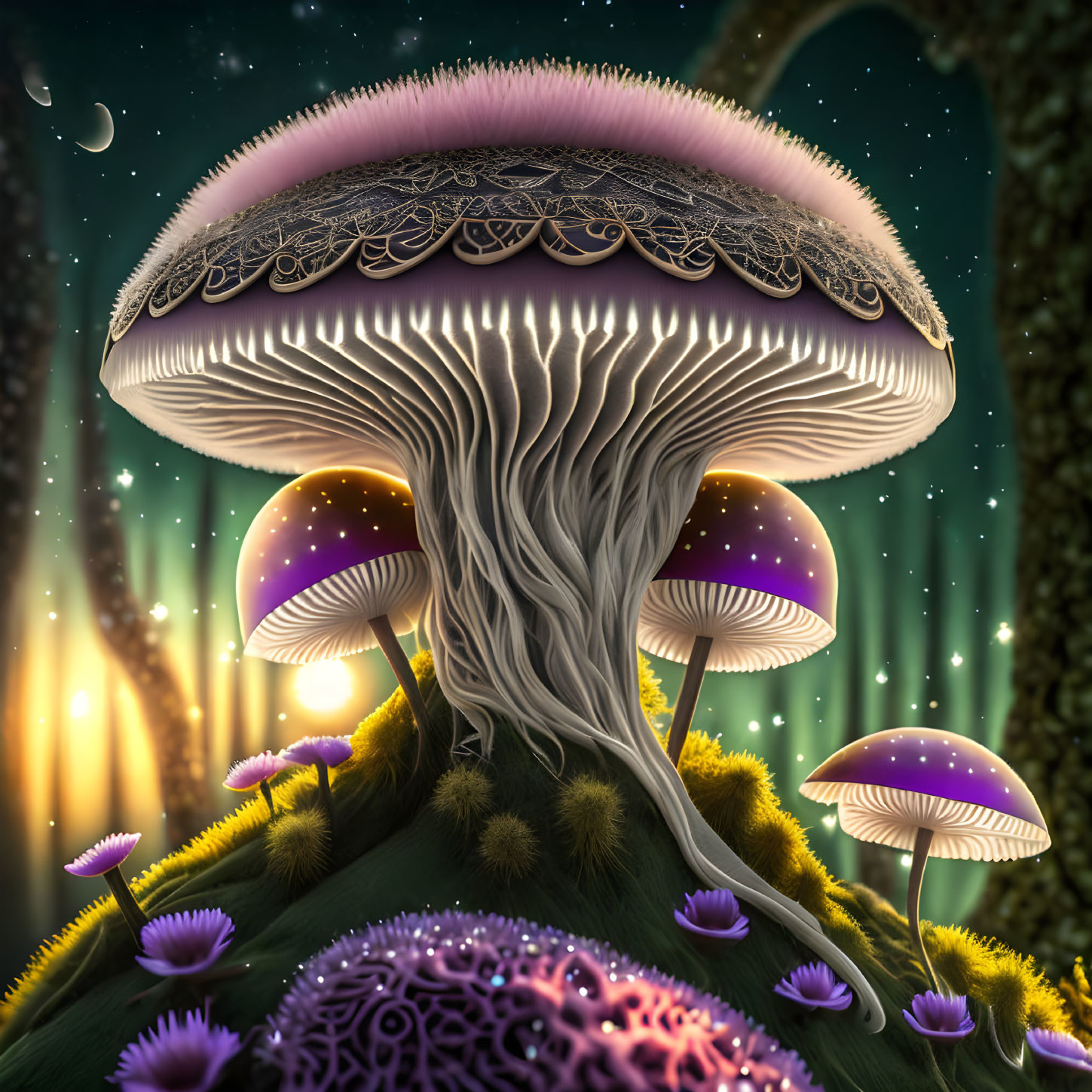 Nighttime Fantasy Mushroom Landscape with Glowing Flora & Crescent Moon