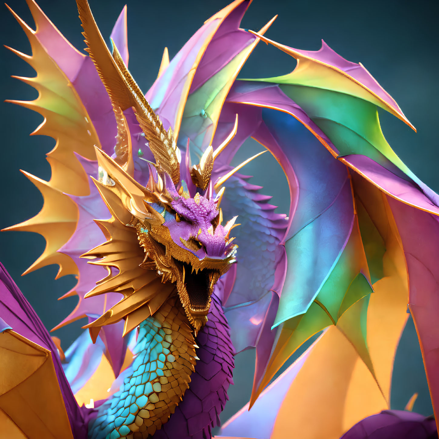 Colorful Majestic Dragon with Golden Horns and Vibrant Wings on Blue Background