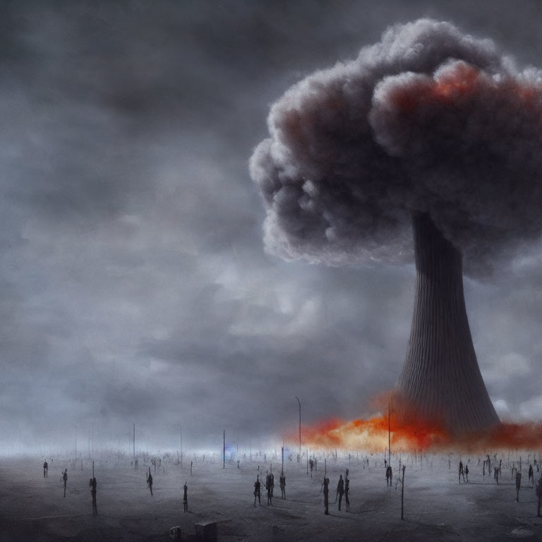 Ominous mushroom cloud over desolate landscape