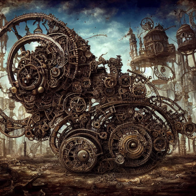 Intricate Steampunk Mechanical Contraption Amid Industrial Structures