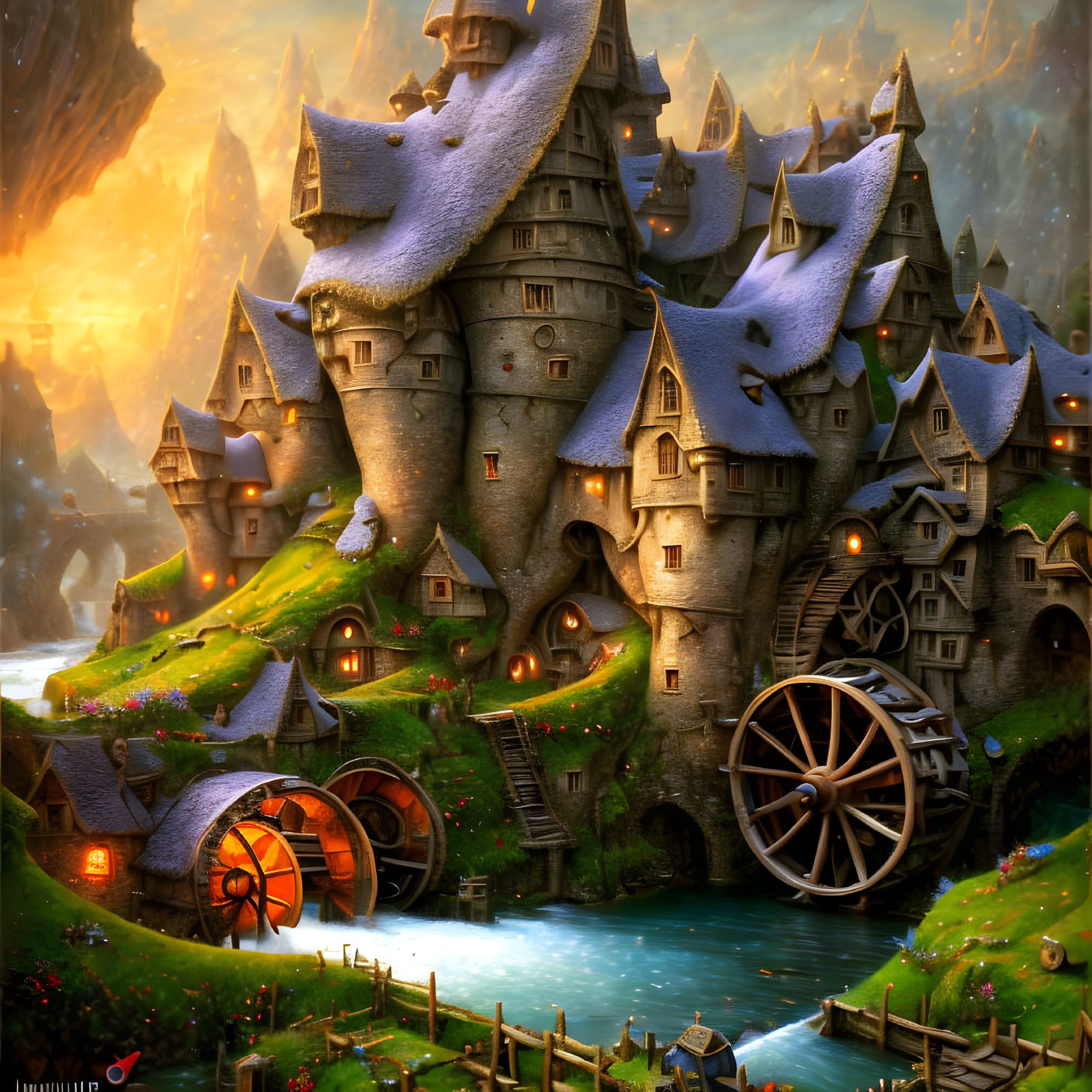 Fantasy castle with snow-capped roofs by serene river at sunset