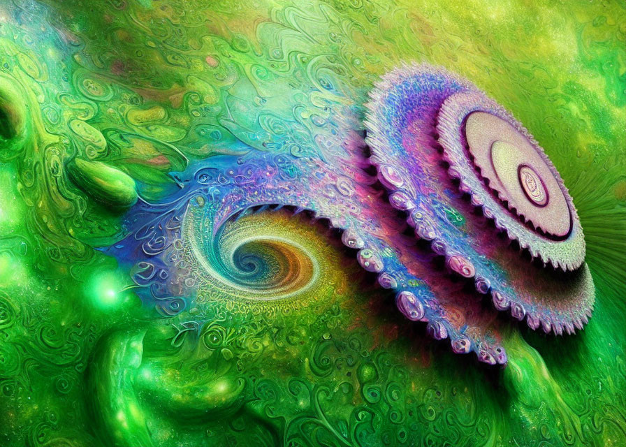 Colorful abstract artwork with green and purple swirling patterns and textured shapes.