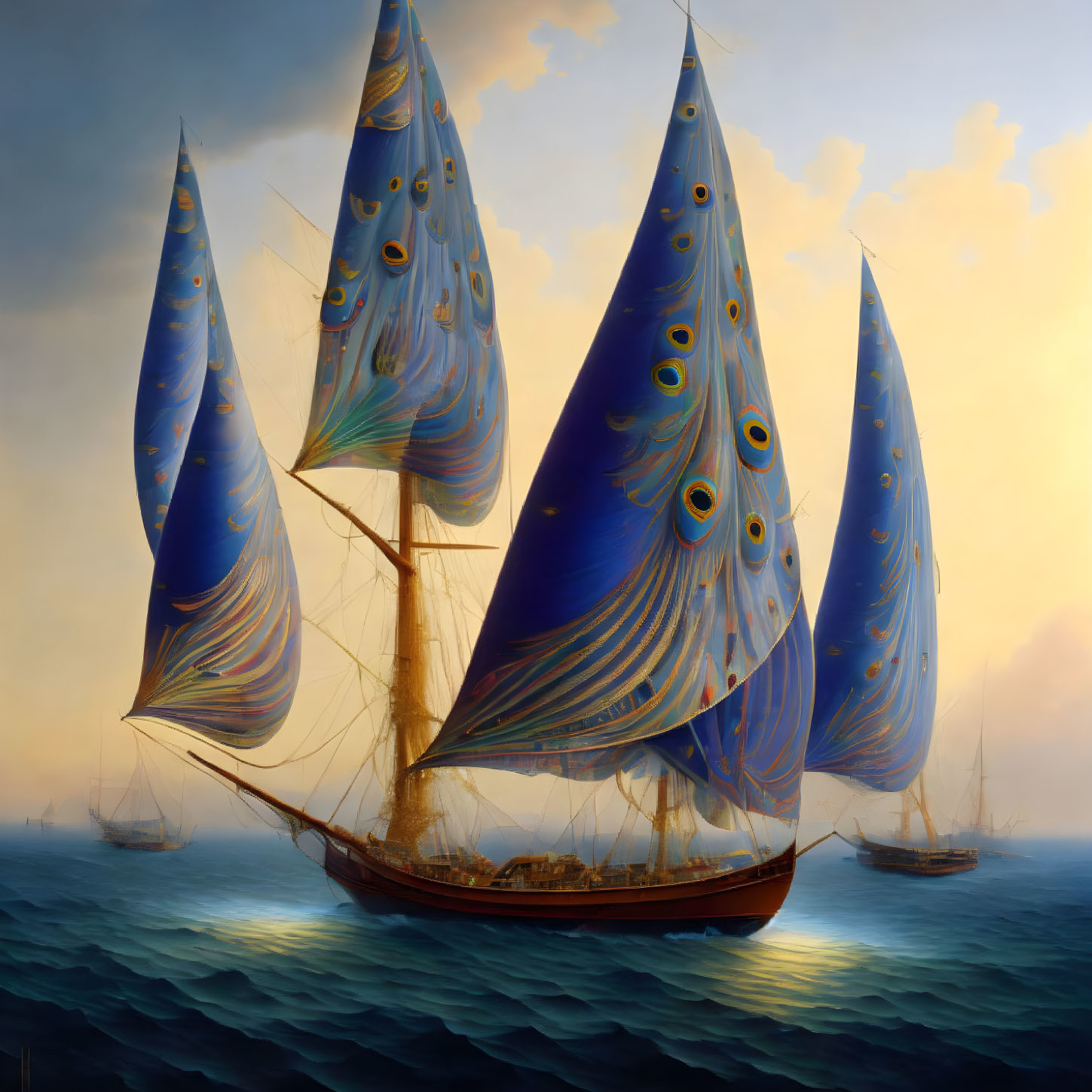 Sailing ship with peacock feather design sails on calm sea at sunset