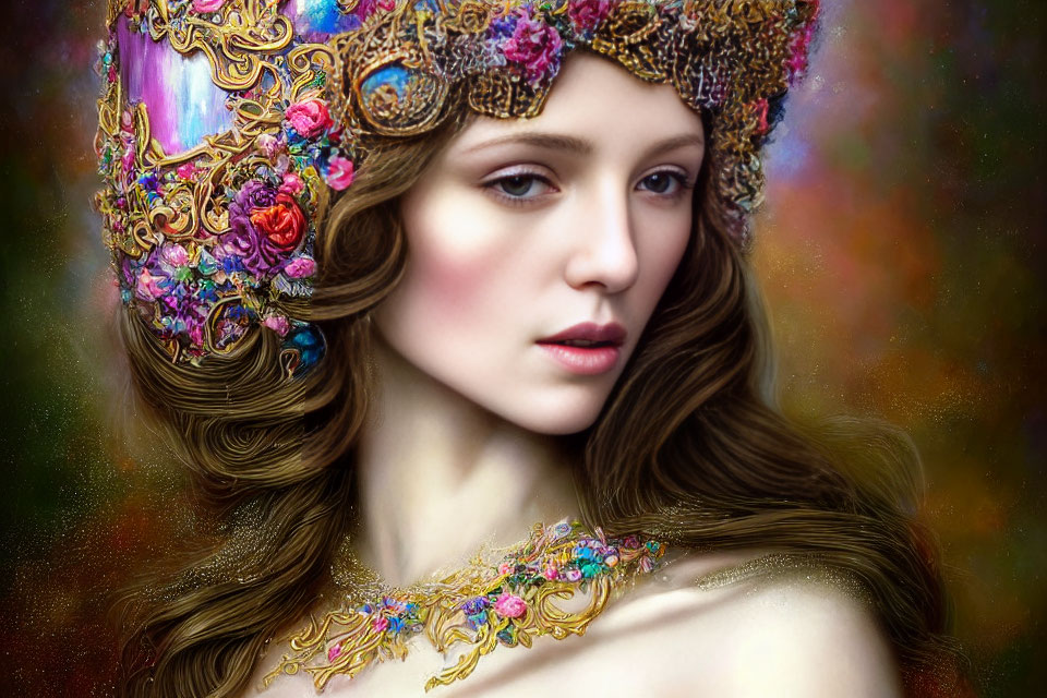 Detailed Ornate Headgear with Flowers and Gold on Woman with Flowing Brown Hair