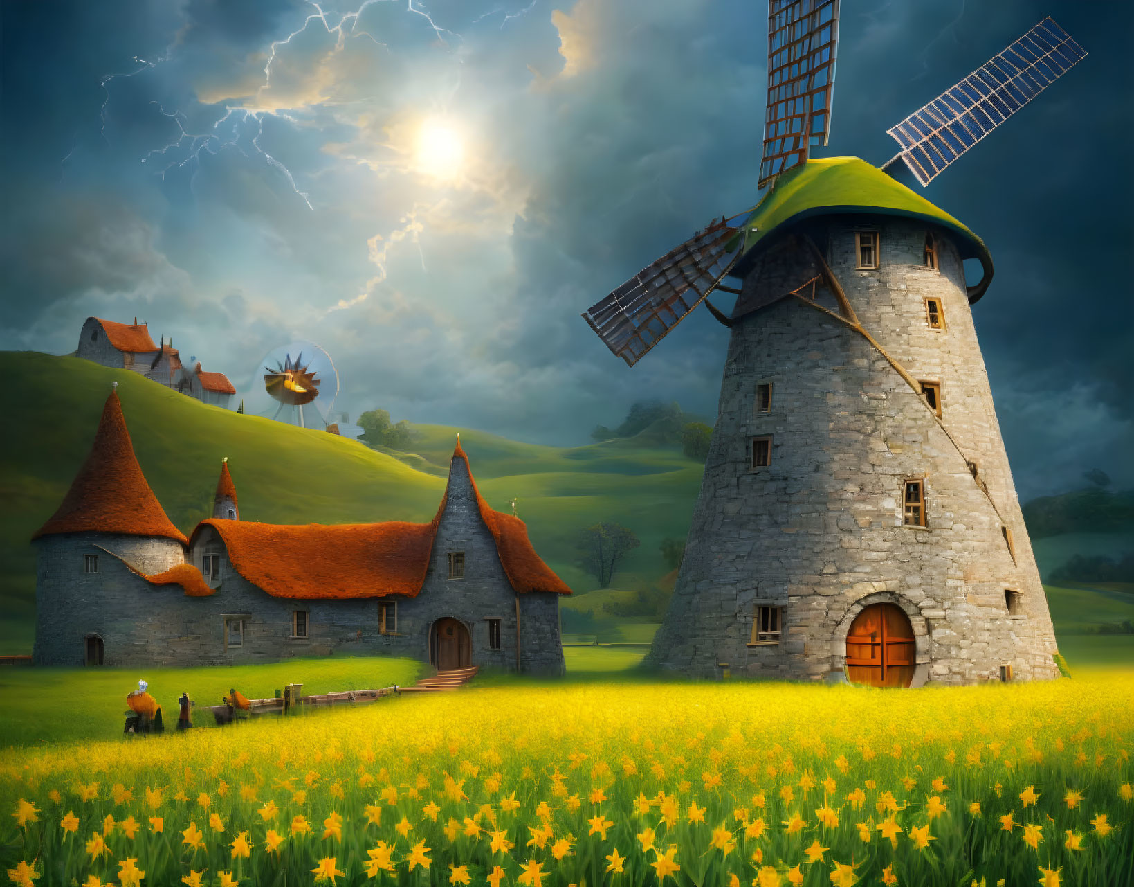 Whimsical landscape with stone windmill, cottage, sunflowers, figures, dramatic sky