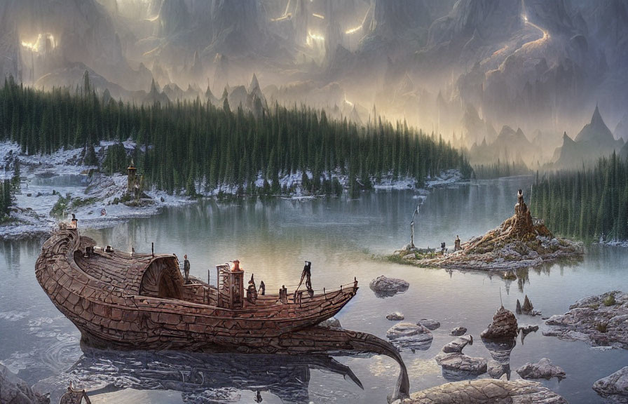 Wooden ship by mystical lake in foggy mountains with exploring figures