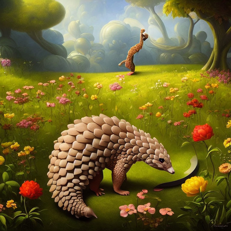 Pangolin in Vibrant, Whimsical Forest with Oversized Flowers