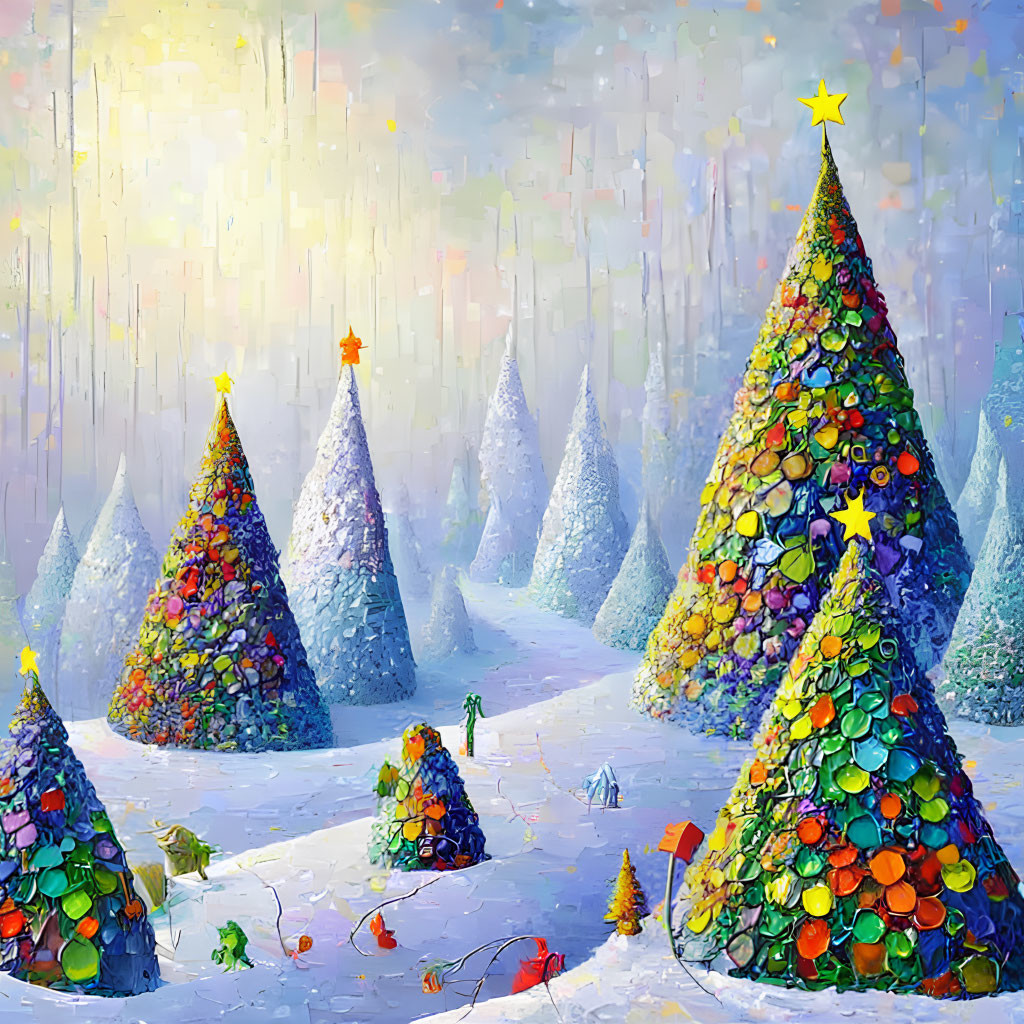 Colorful Christmas Trees Painting in Snowy Scene