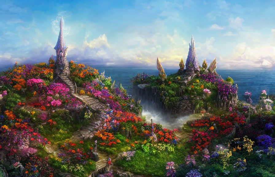 Colorful Fantasy Landscape with Flowers, Waterfalls, and Whimsical Towers