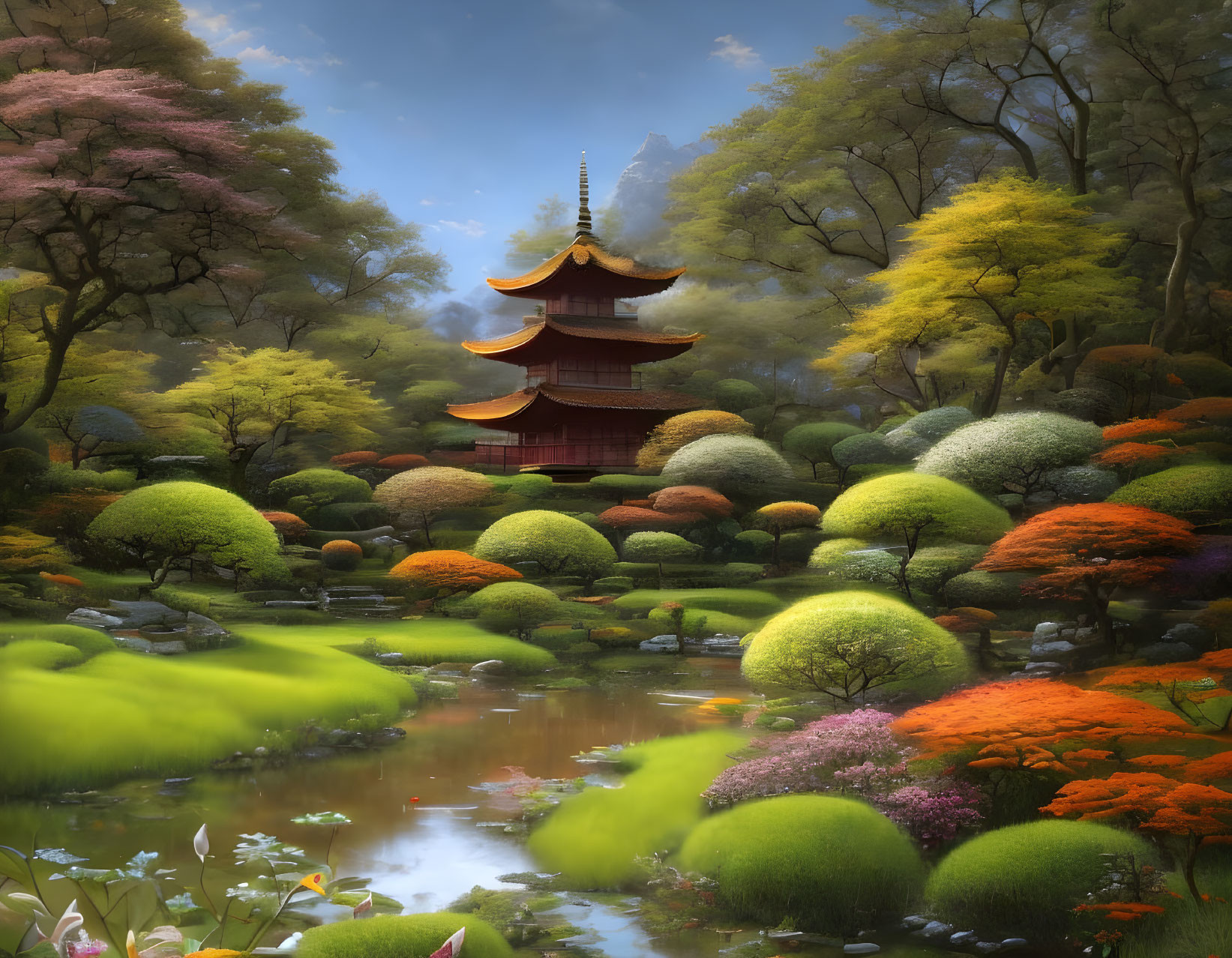 Tranquil Japanese garden with red pagoda, lush trees, and serene pond