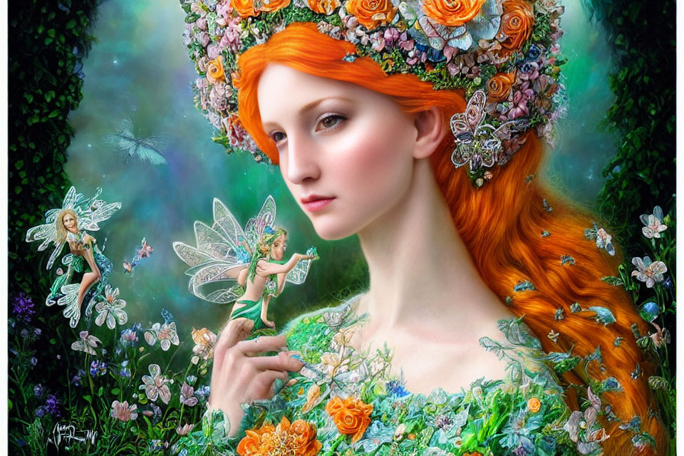 Fantastical image of woman with red hair in floral crown and fairies in enchanted forest