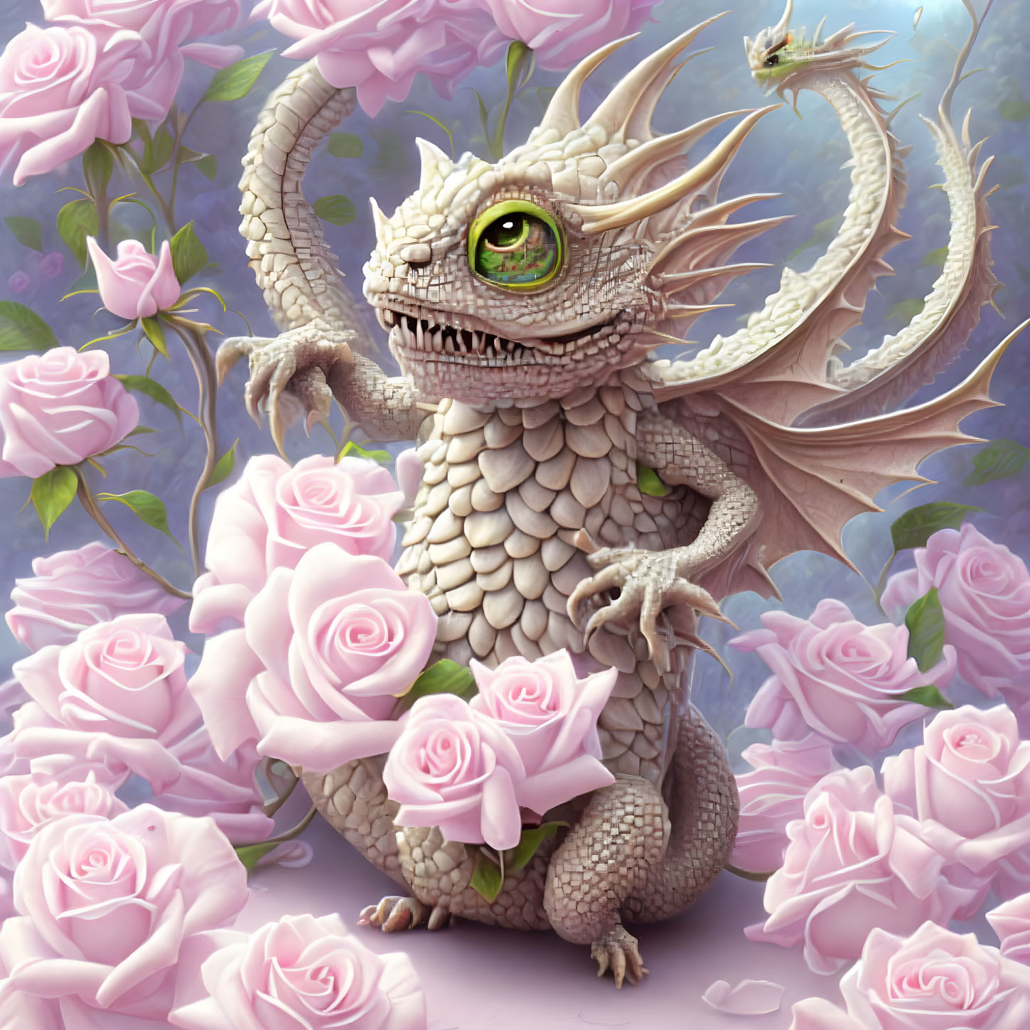 Baby Dragon Illustration Surrounded by Pink Roses on Floral Background