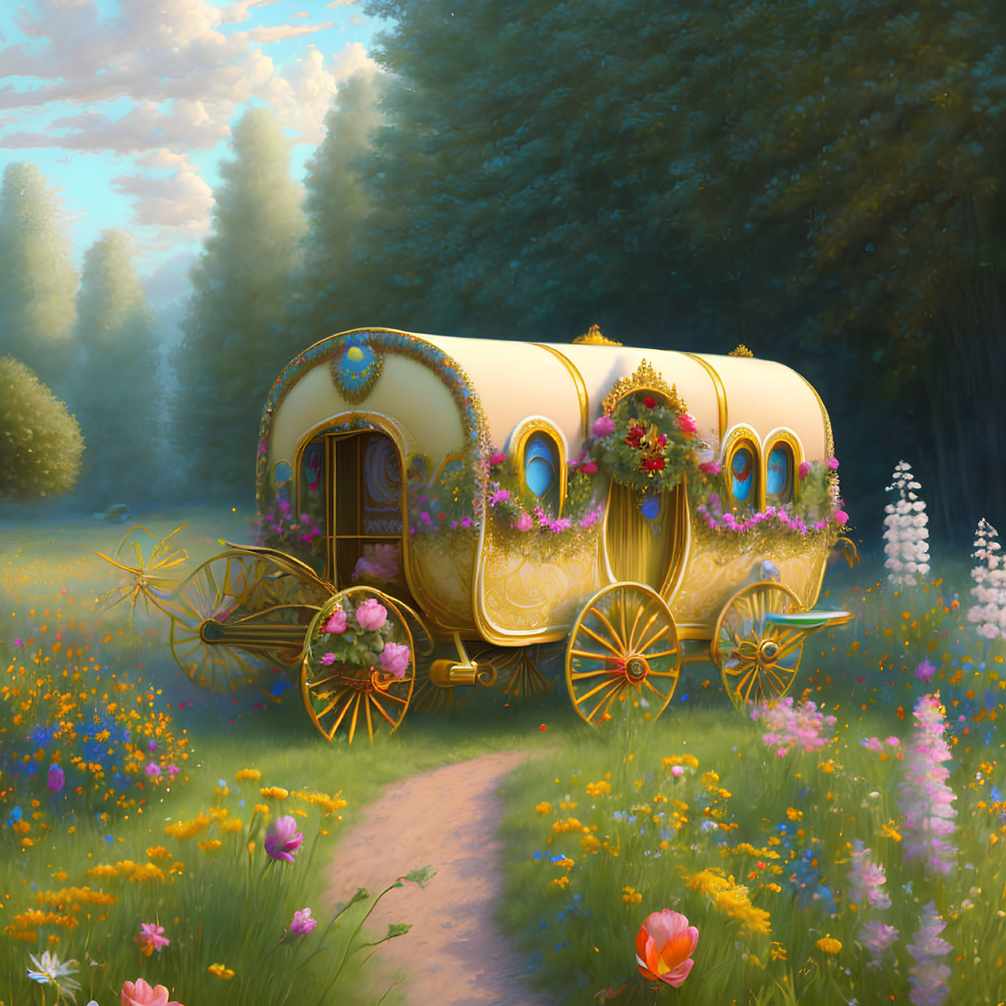 Yellow Caravan in Blooming Forest Glade