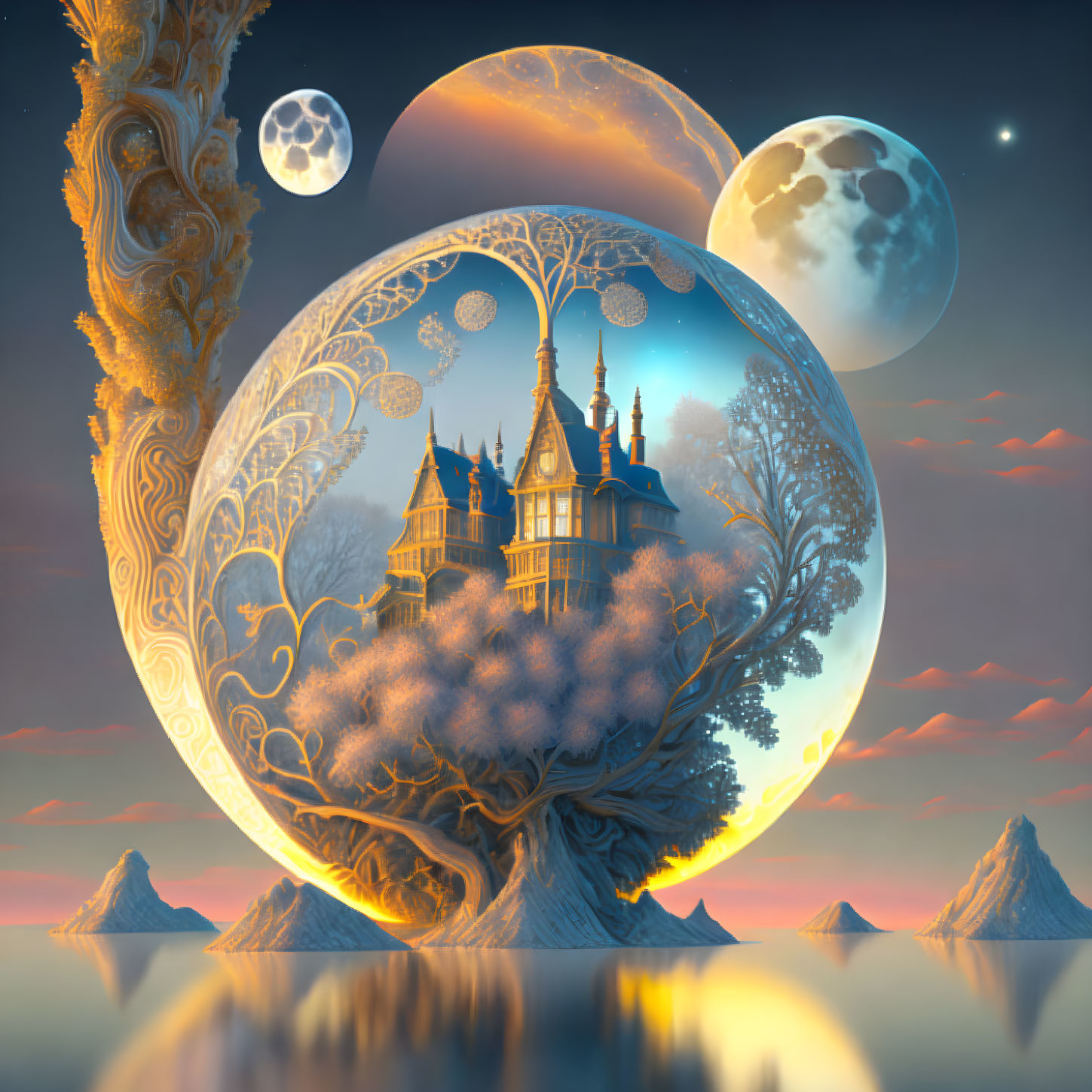 Fantasy castle in circular frame with moons, tree, and ornate patterns against twilight sky.