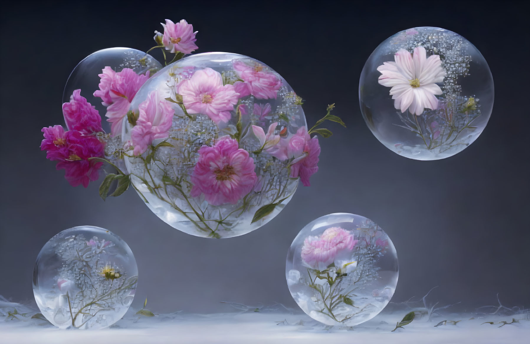 Flowers in transparent bubbles on soft blue background