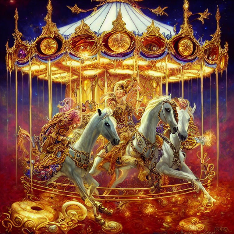 Golden carousel with ornate details and white horses under starry night sky